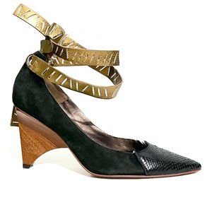Finsk Pointed Toe Snakeskin Suede Wooden Ankle Tie Heels